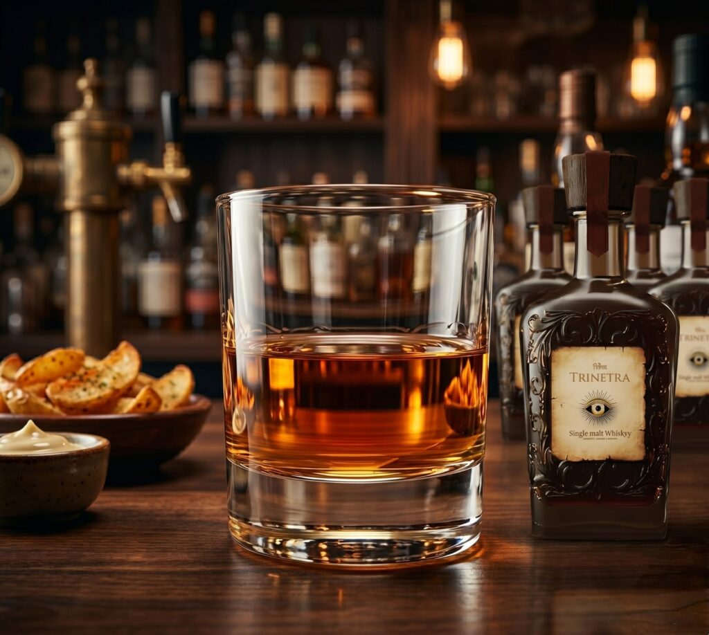 Premium Trinetra Single Malt with rich flavor and smooth finish