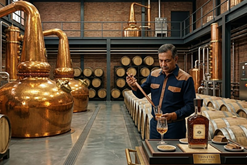 Trinetra single malt whisky displayed in a sophisticated tasting setting