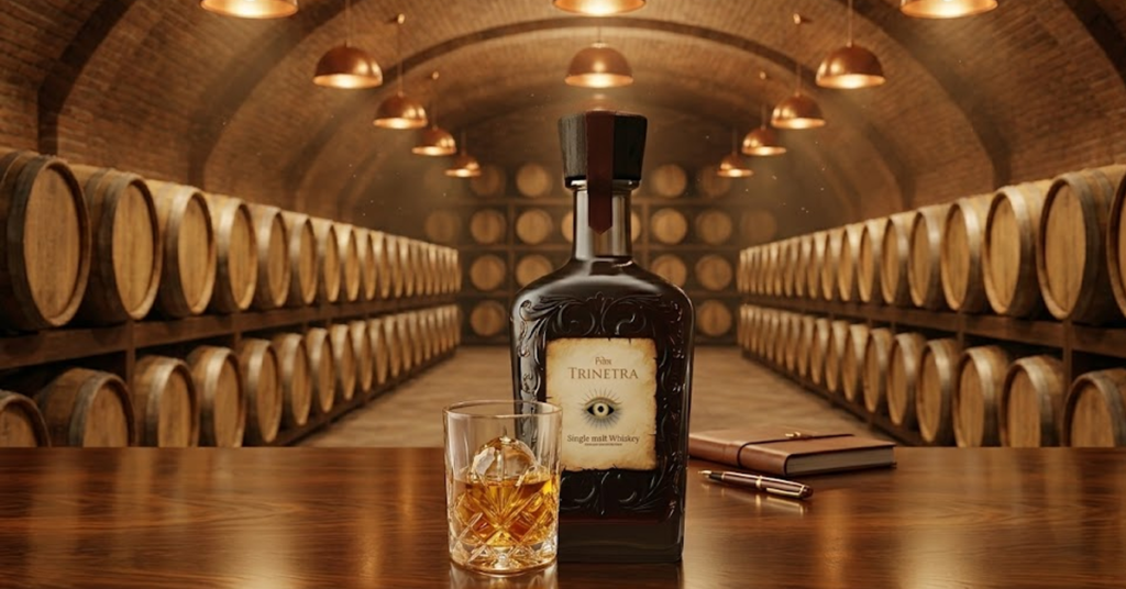 Trinetra Indian single malt whisky bottle with premium craftsmanship and rich amber color