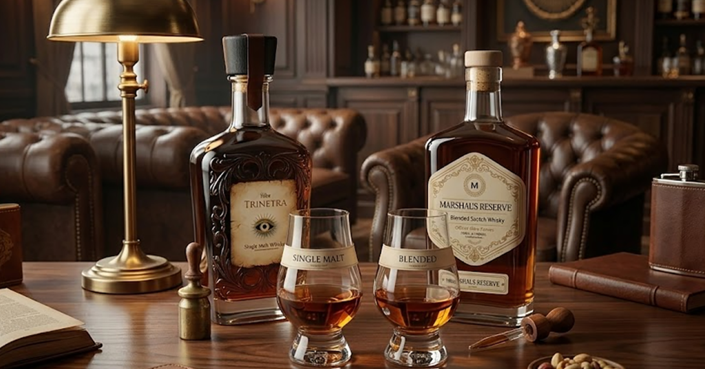 Single malt vs blended whisky bottles displayed side by side